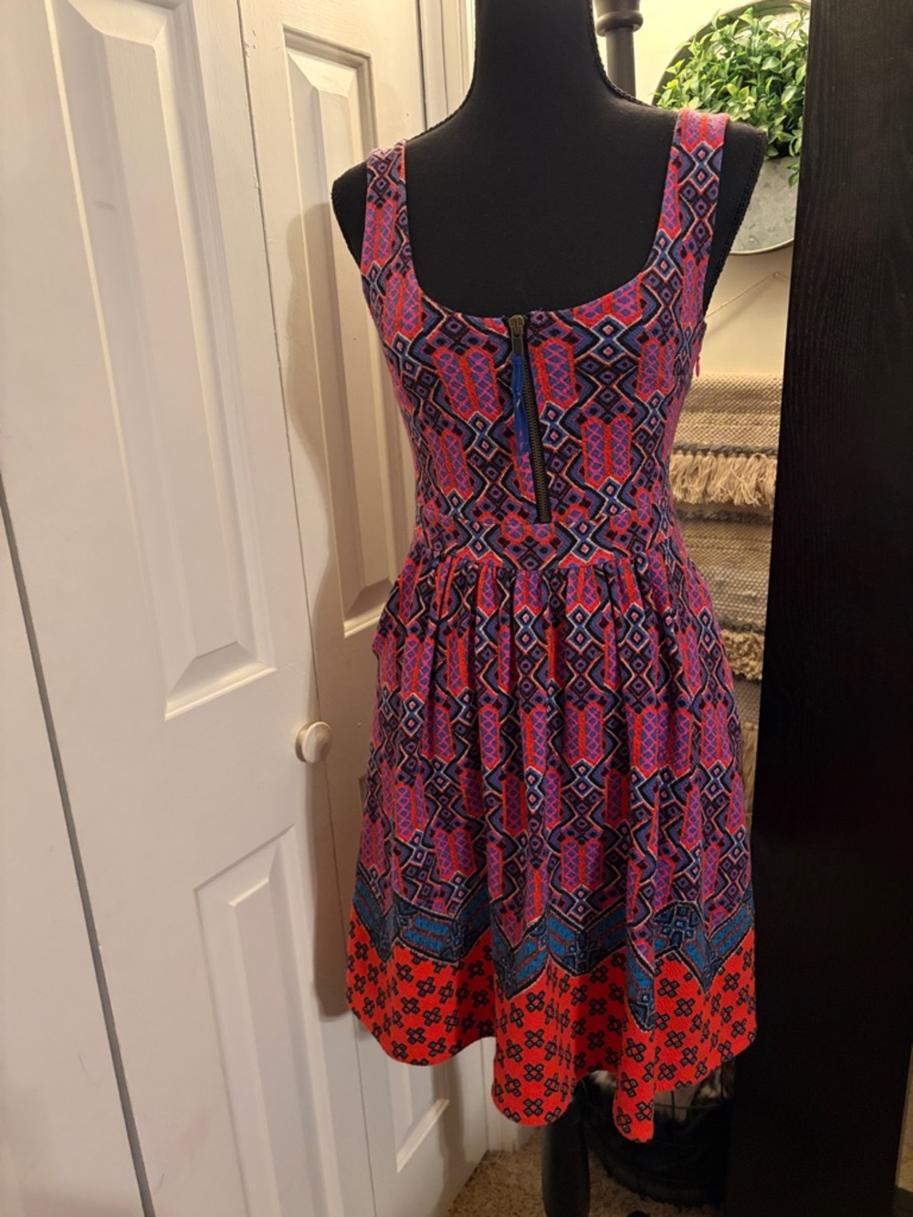 Sleeveless Patterned Fit-and-Flare Dress in Pink & Blue